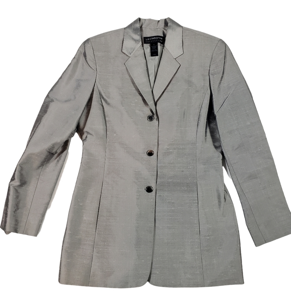 Liz Claiborne 100% Silk Gray Blazer Jacket Size 8 Button Up Professional Career - Picture 4 of 13